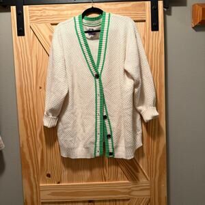 Unknown Brand Cream Knit Cardigan with Green Stripe Trim
